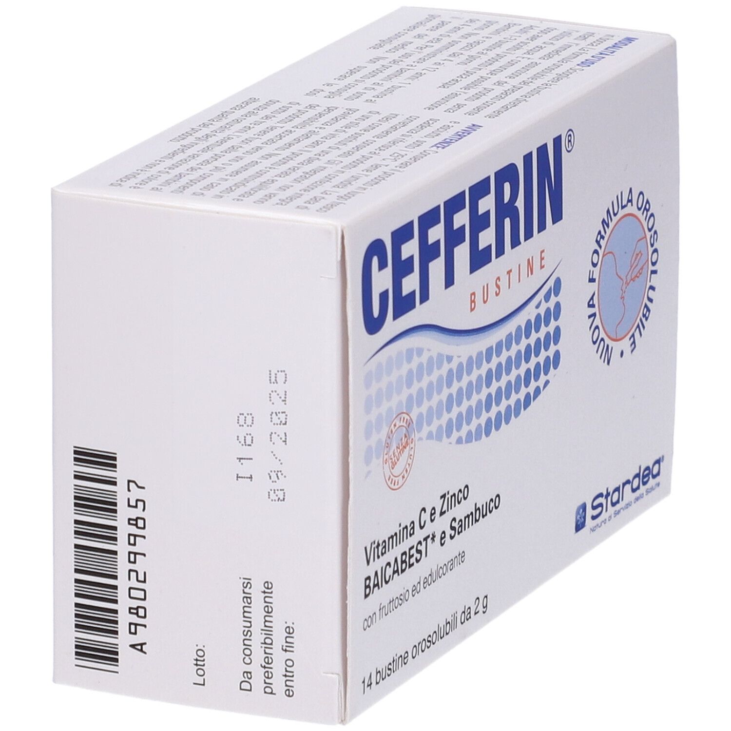 Scatola bianca CEFFERIN con codice a barre e dettagli. Contiene 14 bustine con Vitamina C, Zinco, Baicabest e Sambuco.