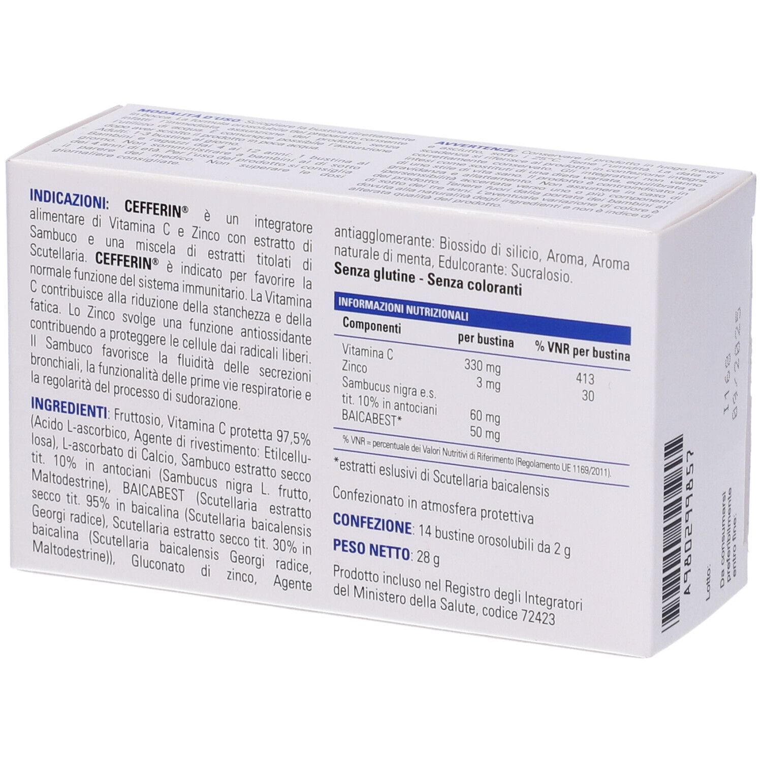 Retro scatola CEFFERIN con ingredienti e valori nutrizionali. Contiene Vitamina C, Zinco, Sambuco e Baicabest.