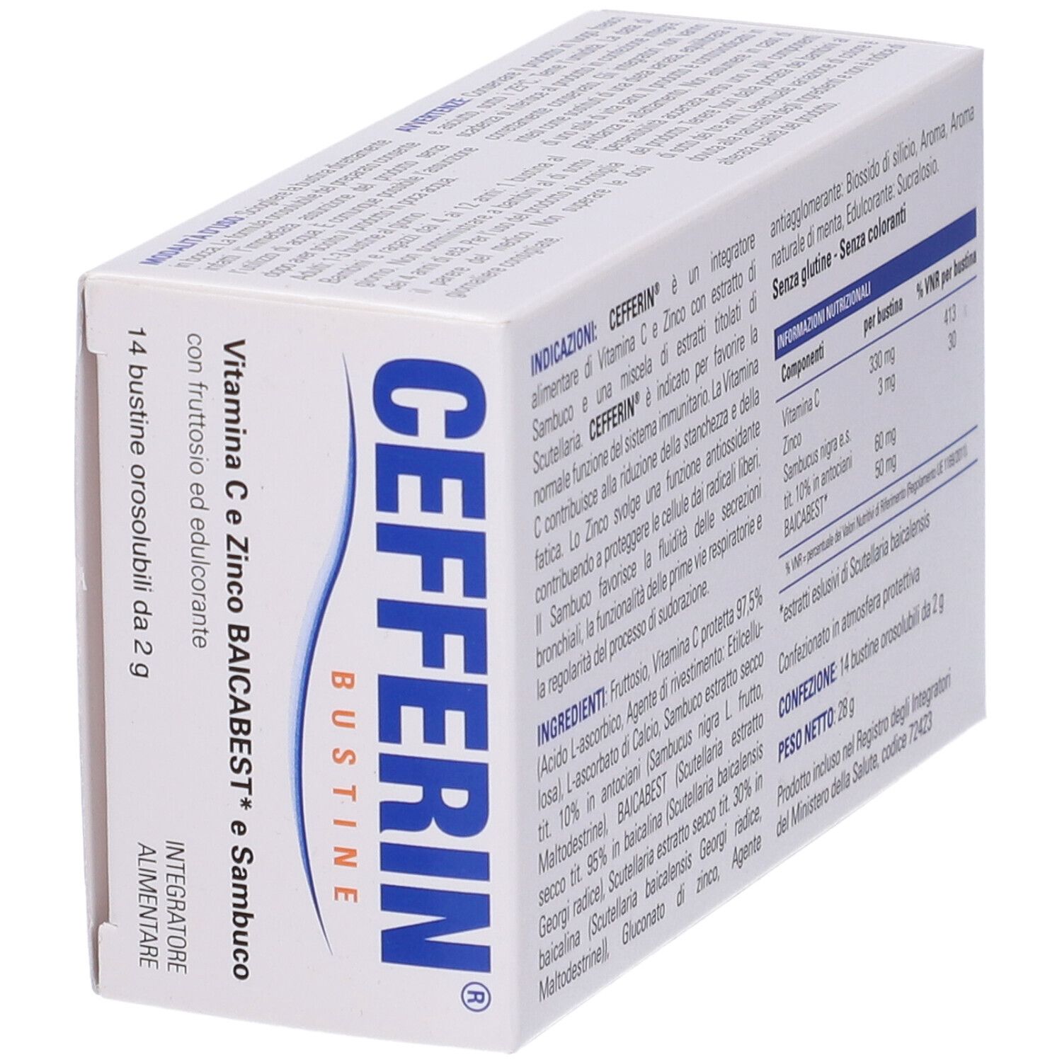 Scatola CEFFERIN con dettagli prodotto. Contiene 14 bustine con Vitamina C, Zinco, Baicabest e Sambuco. Confezione bianca.