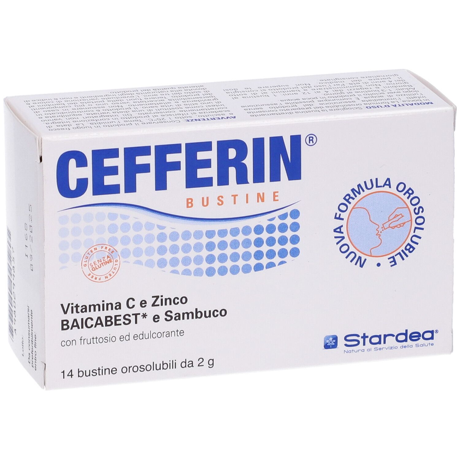 Scatola bianca CEFFERIN con logo e dettagli prodotto. Contiene 14 bustine con Vitamina C, Zinco, Baicabest e Sambuco.