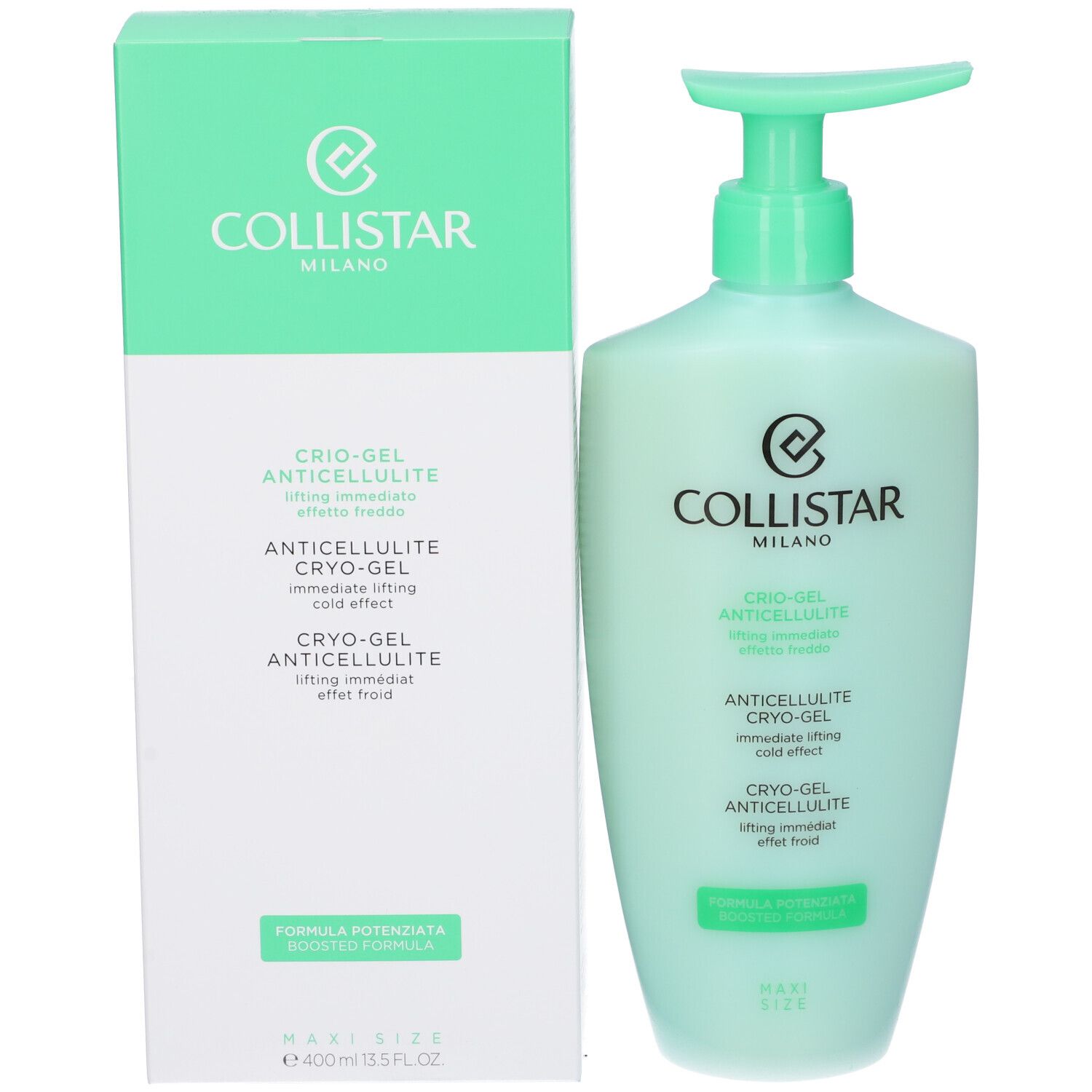 Flacone e scatola verde chiaro. Scritta: Collistar, Crio-Gel Anticellulite. Maxi Size.