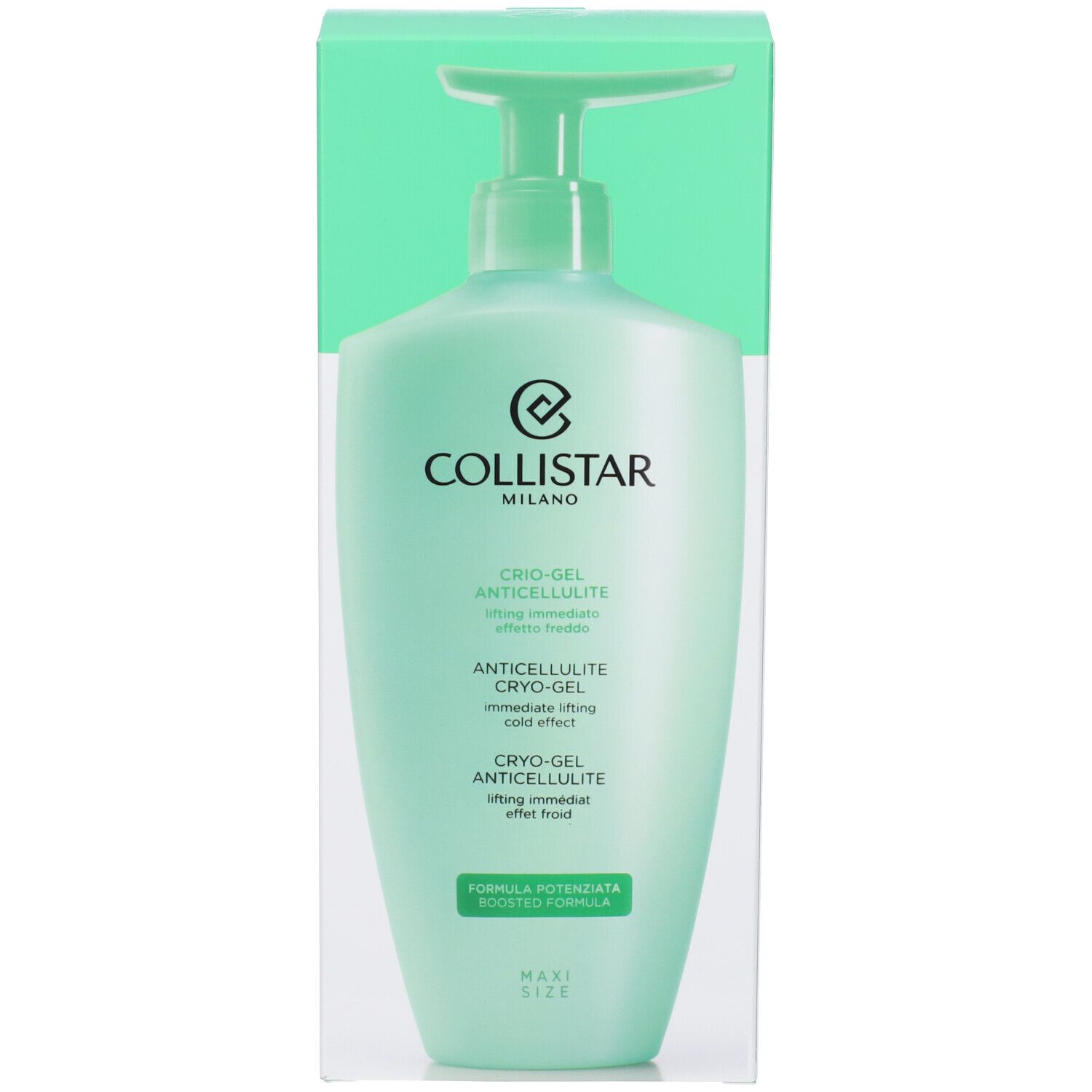 Flacone verde chiaro in confezione trasparente. Scritta: Collistar, Crio-Gel Anticellulite.