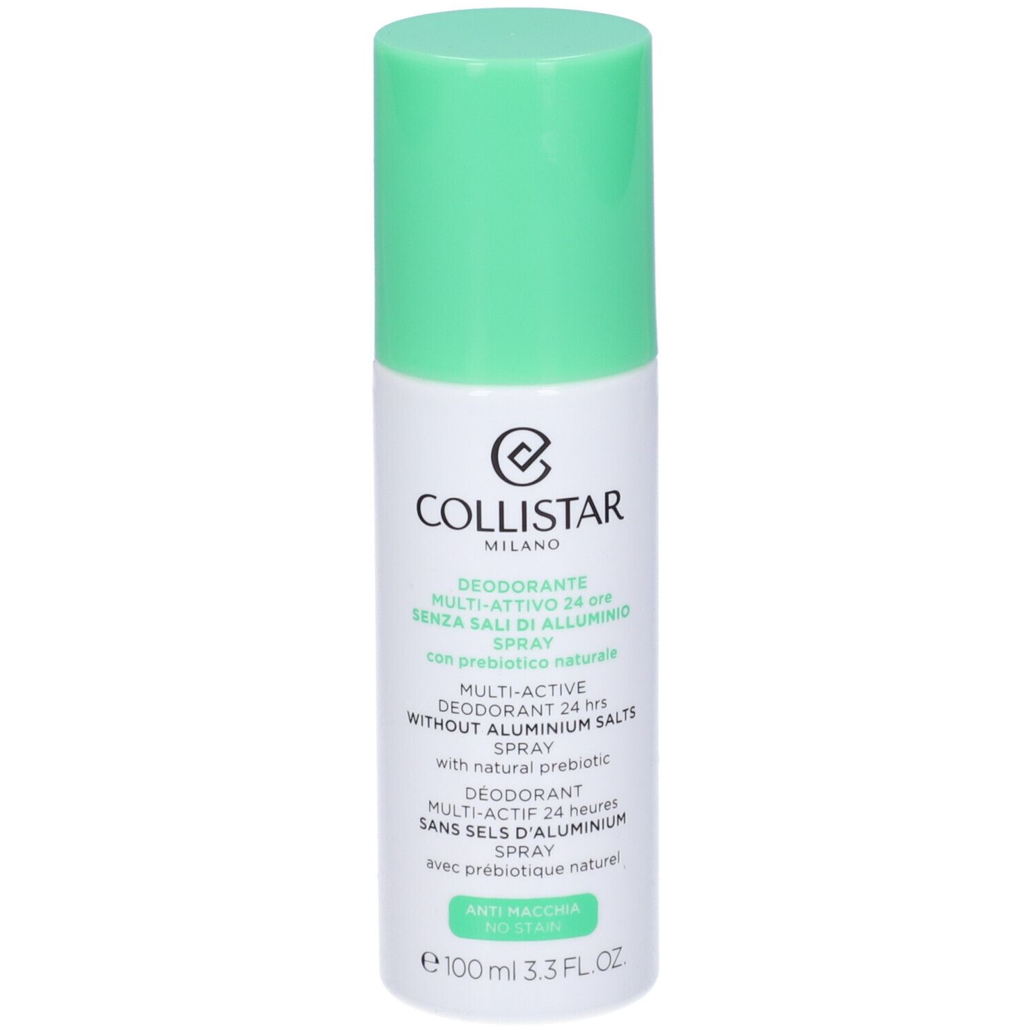 Spray deodorante con tappo verde. Scritta: Collistar, Deodorante Multi-attivo 24 Ore Senza Sali Di Alluminio.