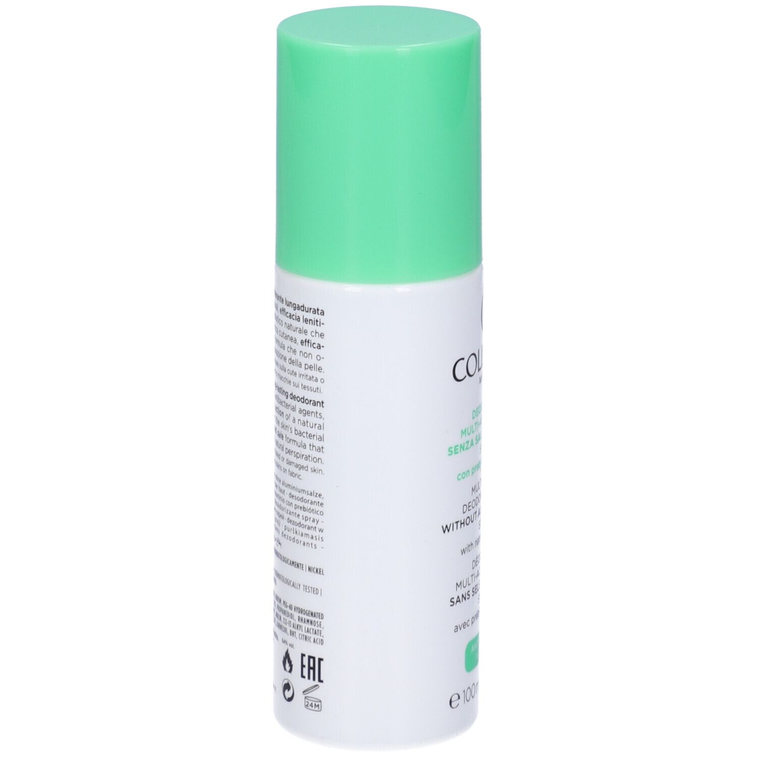 Spray deodorante, retro con testo. Tappo verde. Scritta: Collistar, Deodorante Multi-attivo 24 Ore Senza Sali Di Alluminio.