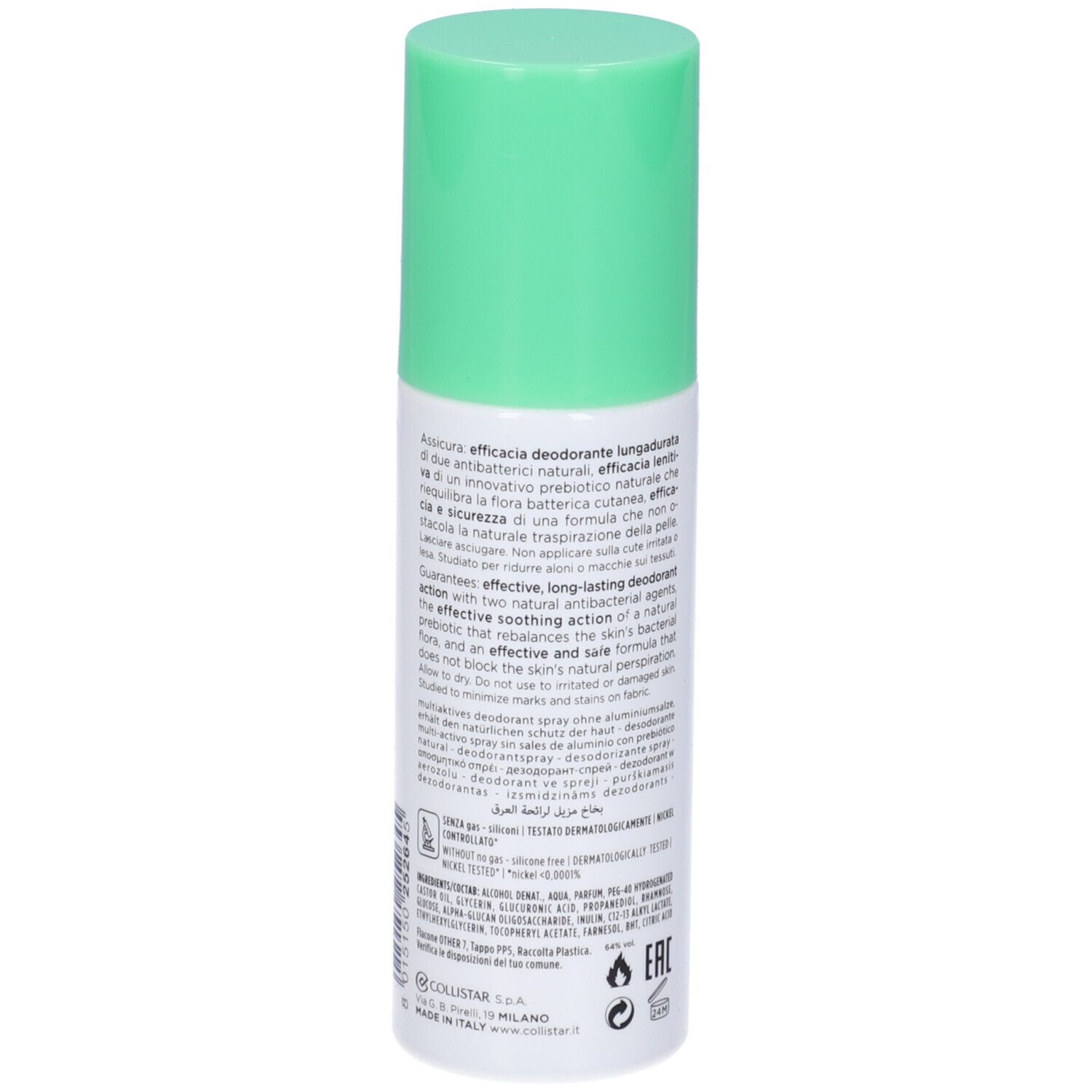 Spray deodorante, retro con testo. Tappo verde. Scritta: Collistar, Deodorante Multi-attivo 24 Ore Senza Sali Di Alluminio.