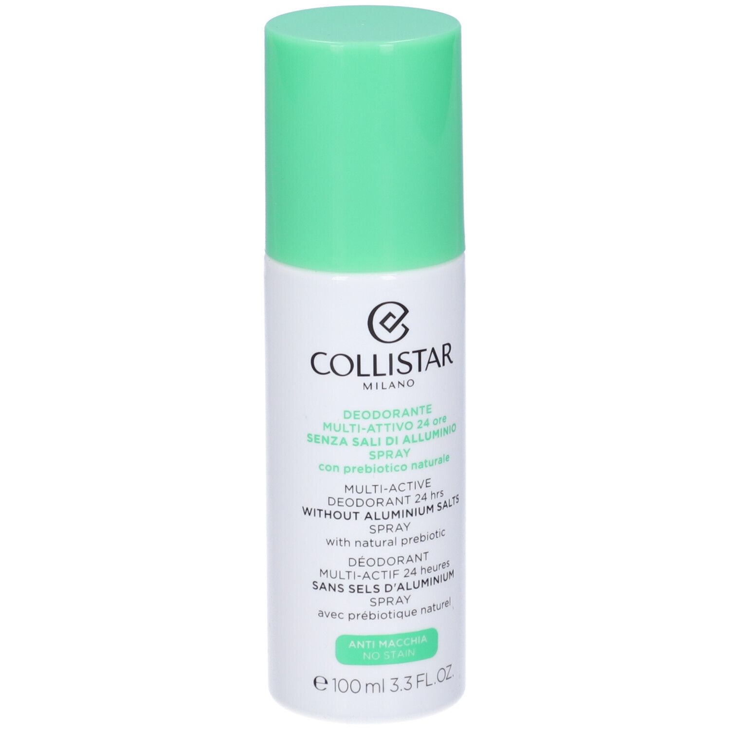 Spray deodorante con tappo verde. Scritta: Collistar, Deodorante Multi-attivo 24 Ore Senza Sali Di Alluminio.