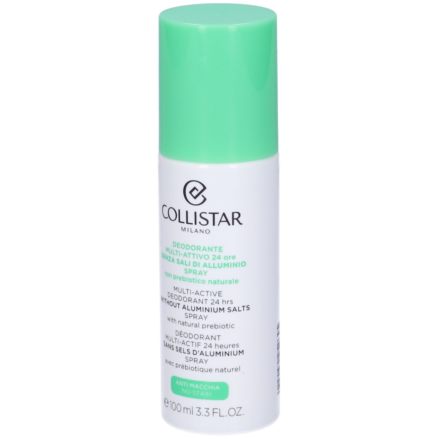 Spray deodorante con tappo verde. Scritta: Collistar, Deodorante Multi-attivo 24 Ore Senza Sali Di Alluminio.