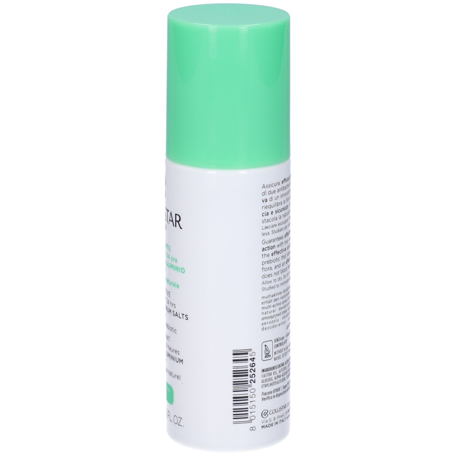 Spray deodorante, retro con testo. Tappo verde. Scritta: Collistar, Deodorante Multi-attivo 24 Ore Senza Sali Di Alluminio.