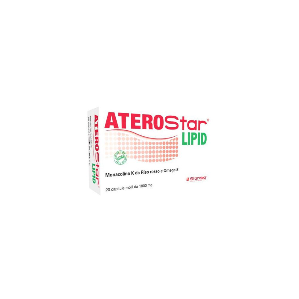 Scatola bianca con testo rosso e verde: ATEROStar LIPID. 20 capsule. Logo.