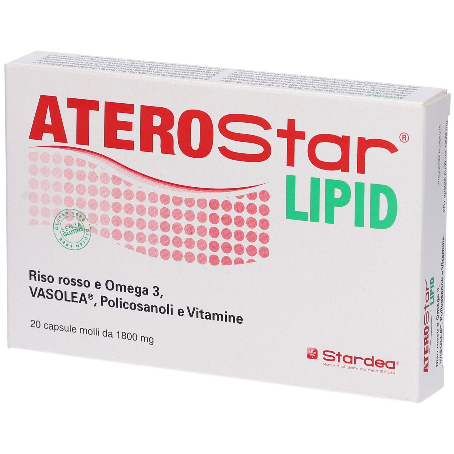 Scatola bianca con testo rosso e verde: ATEROStar LIPID. Riso rosso, Omega 3. 20 capsule. Logo.