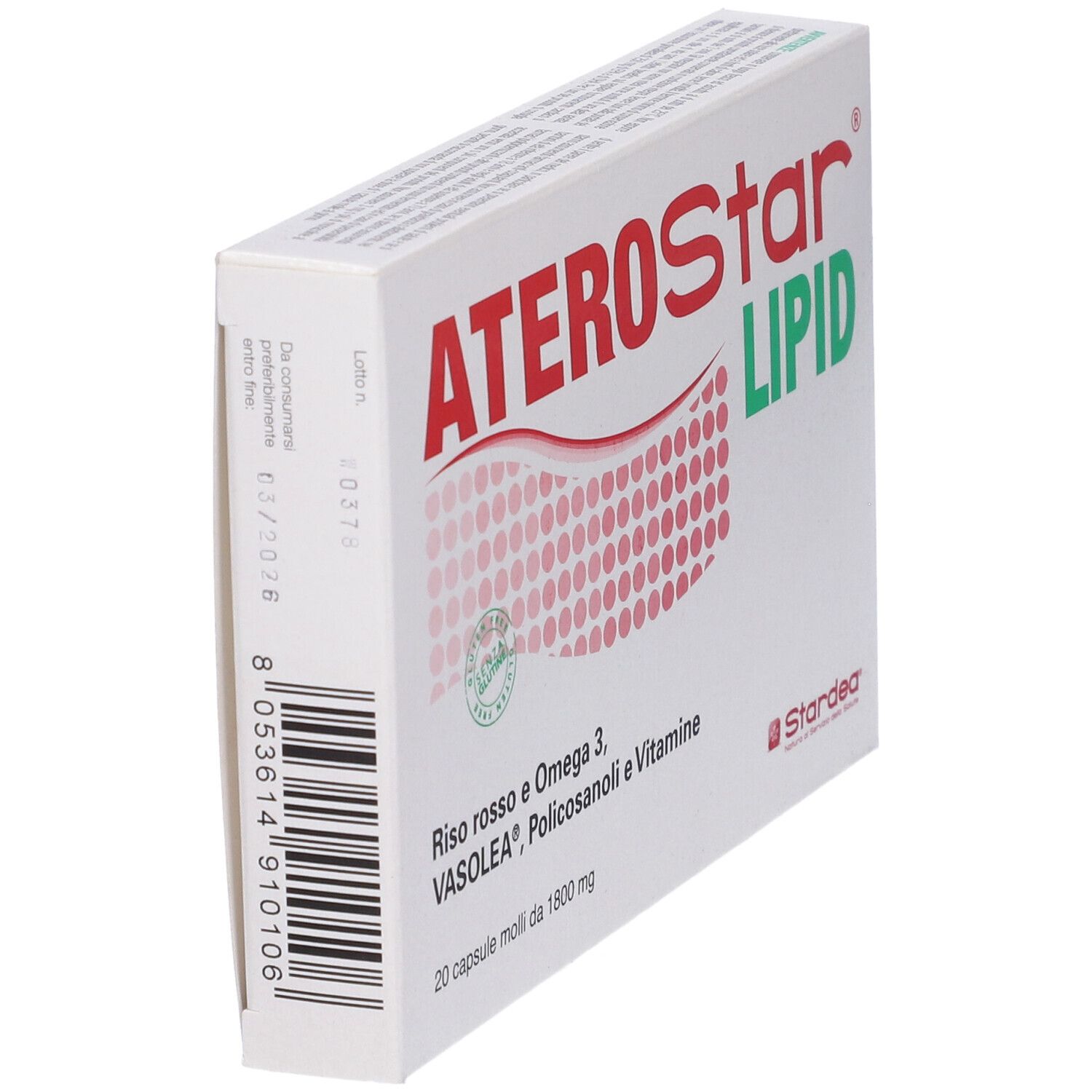 Scatola bianca con testo rosso e verde: ATEROStar LIPID. Riso rosso, Omega 3. 20 capsule. Logo.