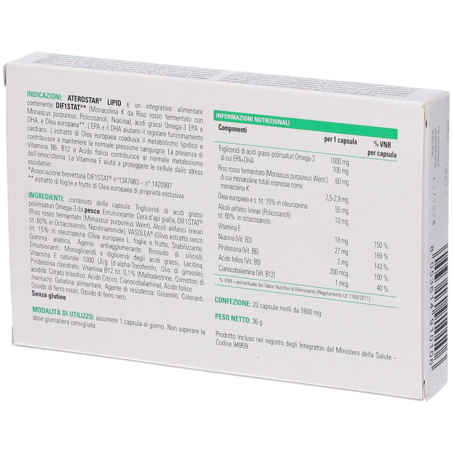 Scatola bianca, retro con testo e informazioni nutrizionali. ATEROStar LIPID. 20 capsule.