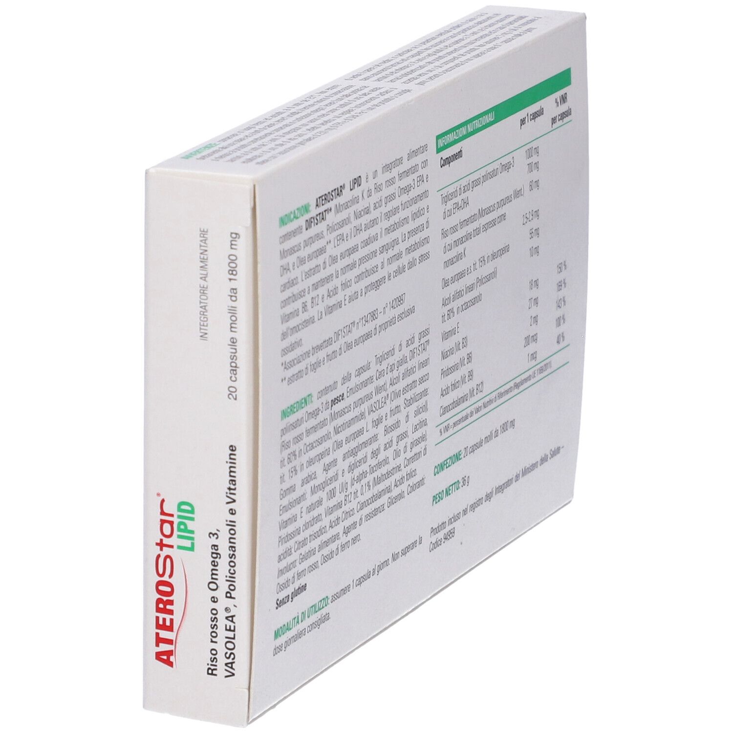Scatola bianca, retro con testo e informazioni nutrizionali. ATEROStar LIPID. 20 capsule.