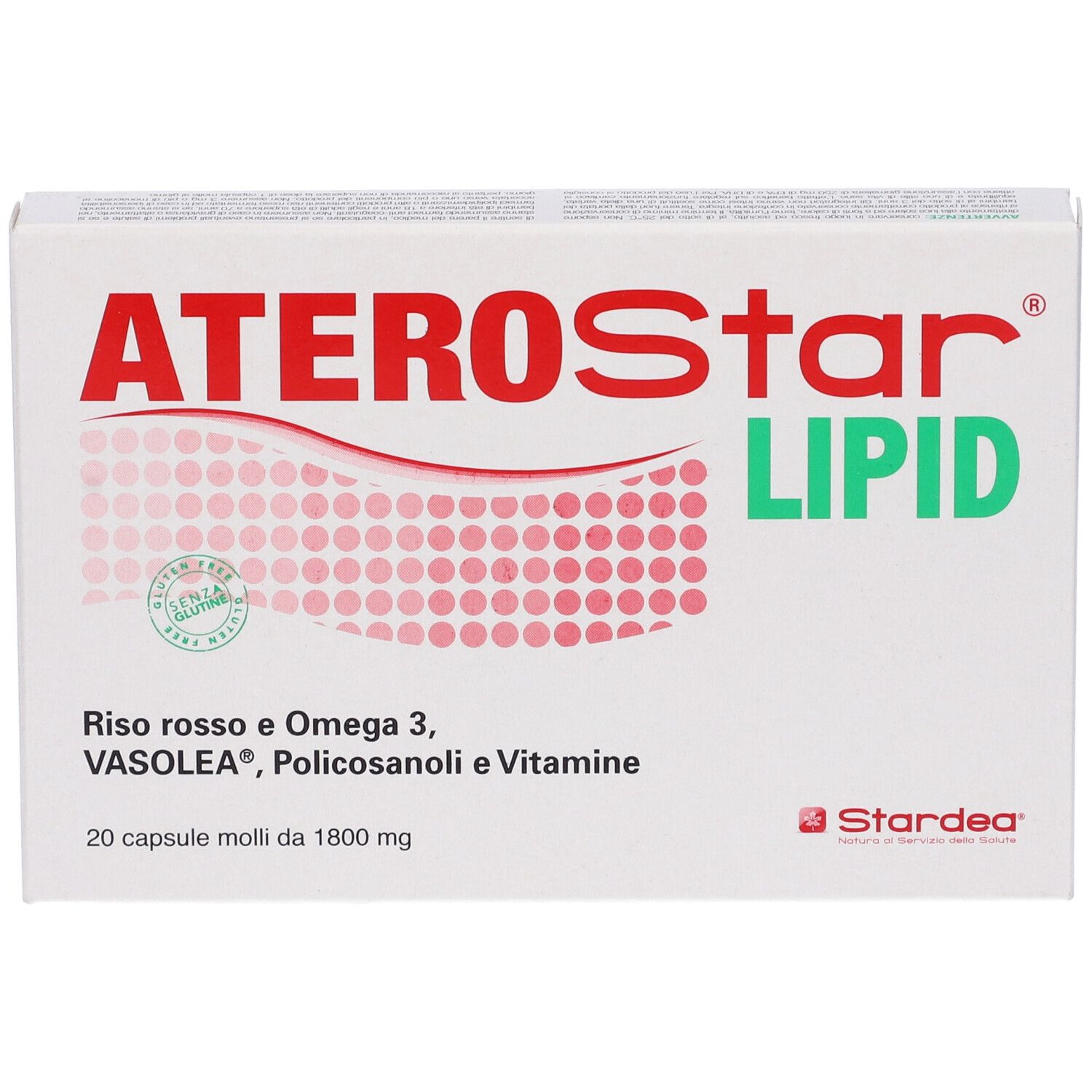 Scatola bianca con testo rosso e verde: ATEROStar LIPID. Riso rosso, Omega 3. 20 capsule. Logo.