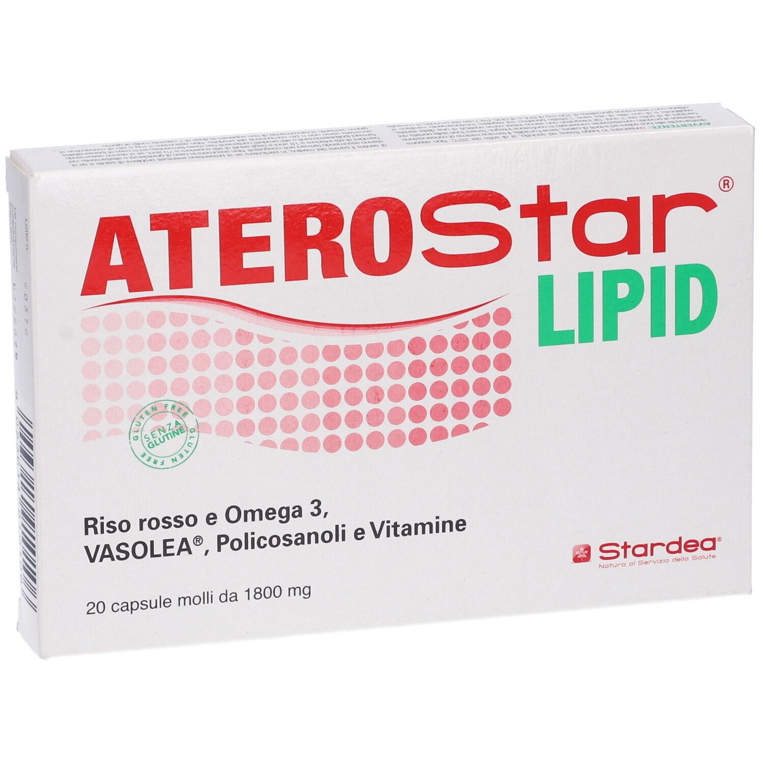 Scatola bianca con testo rosso e verde: ATEROStar LIPID. Riso rosso, Omega 3. 20 capsule. Logo.