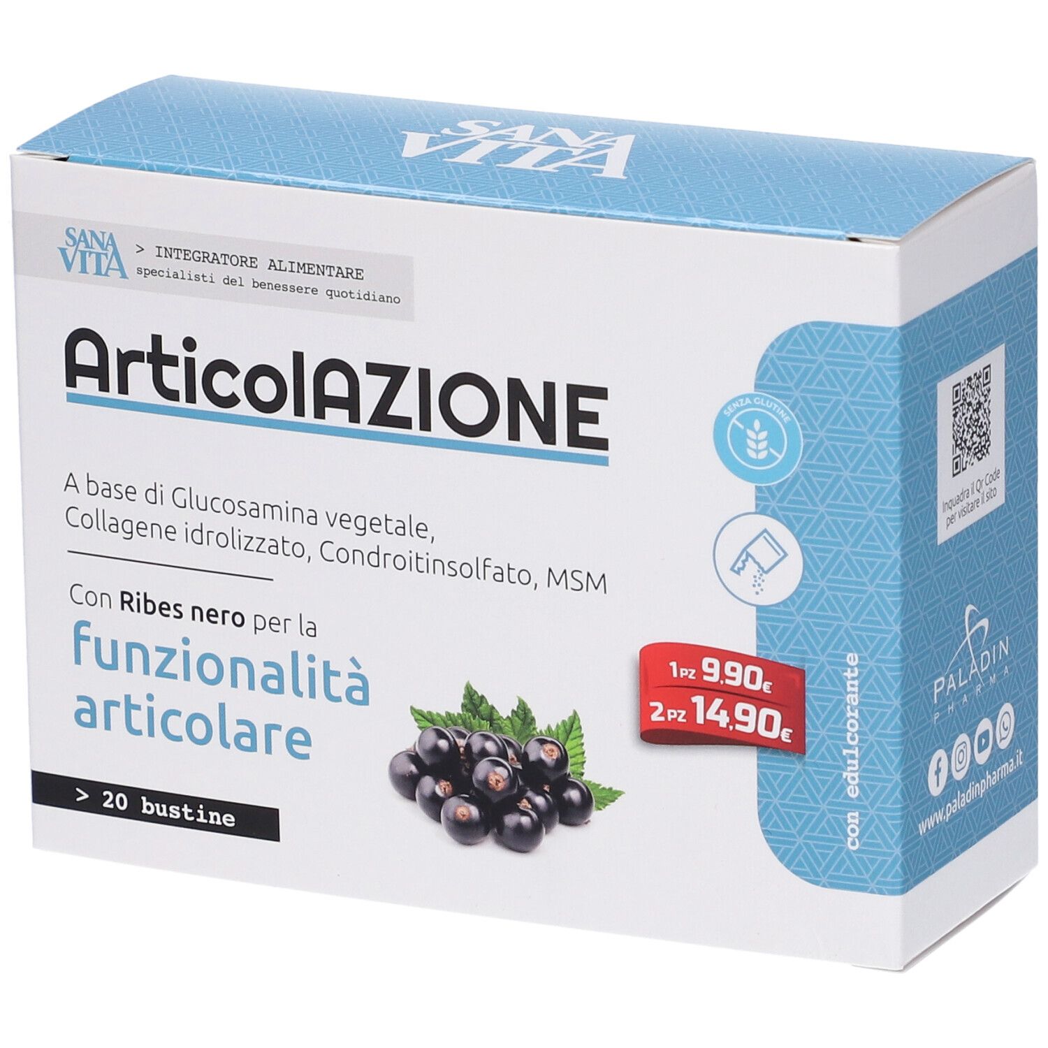 Scatola di integratore alimentare "Articolazione". Contiene >20 bustine. Immagine di ribes nero.