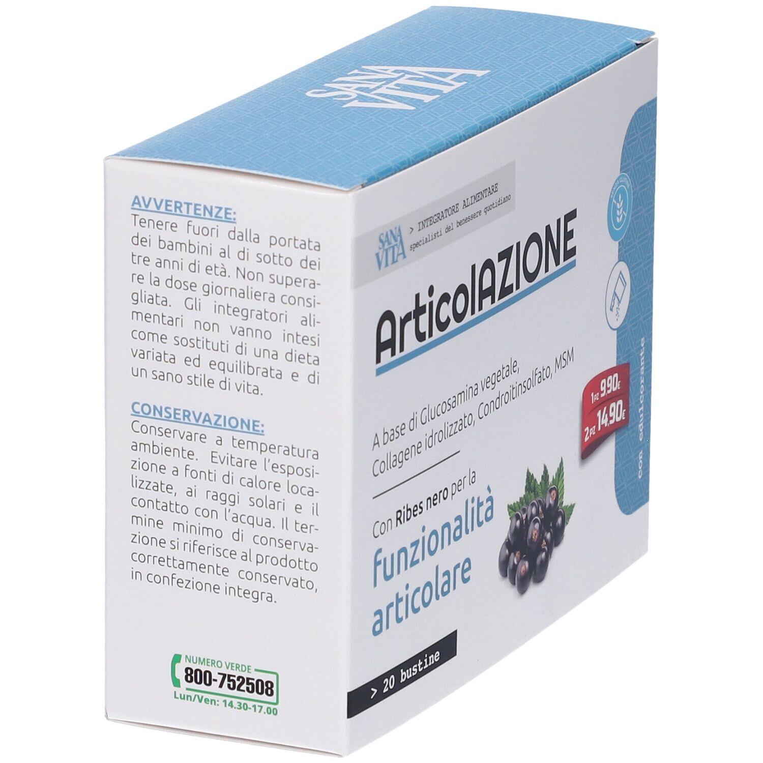 Scatola "Articolazione" con testo e ingredienti. Contiene >20 bustine. Stampa con numero verde.
