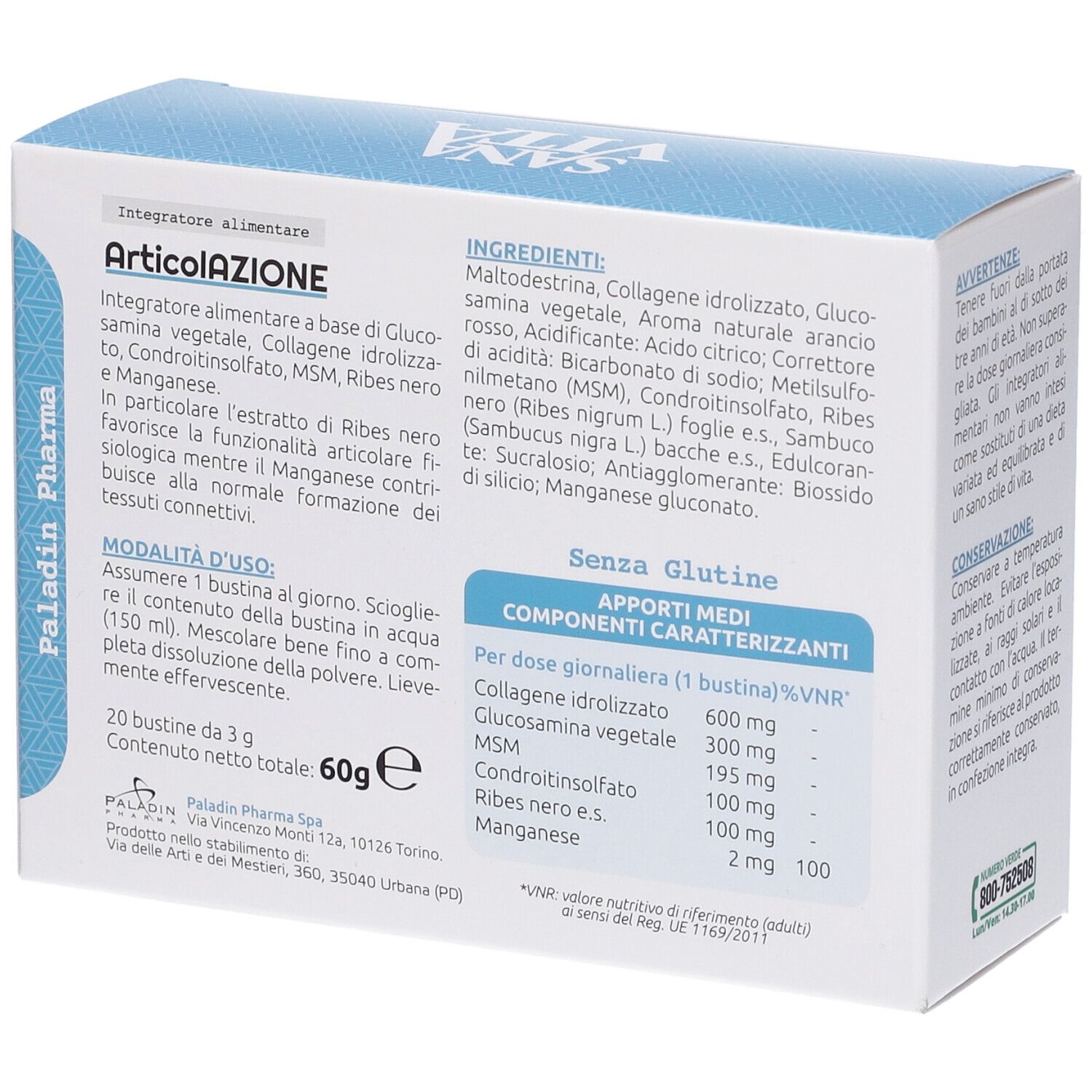 Retro confezione "Articolazione". Contiene ingredienti e informazioni nutrizionali. Senza glutine.
