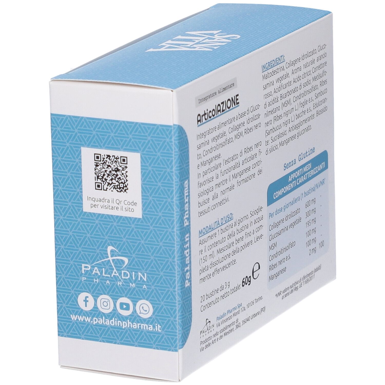 Vista laterale della confezione "Articolazione". Contiene codice QR e ingredienti. Senza glutine.