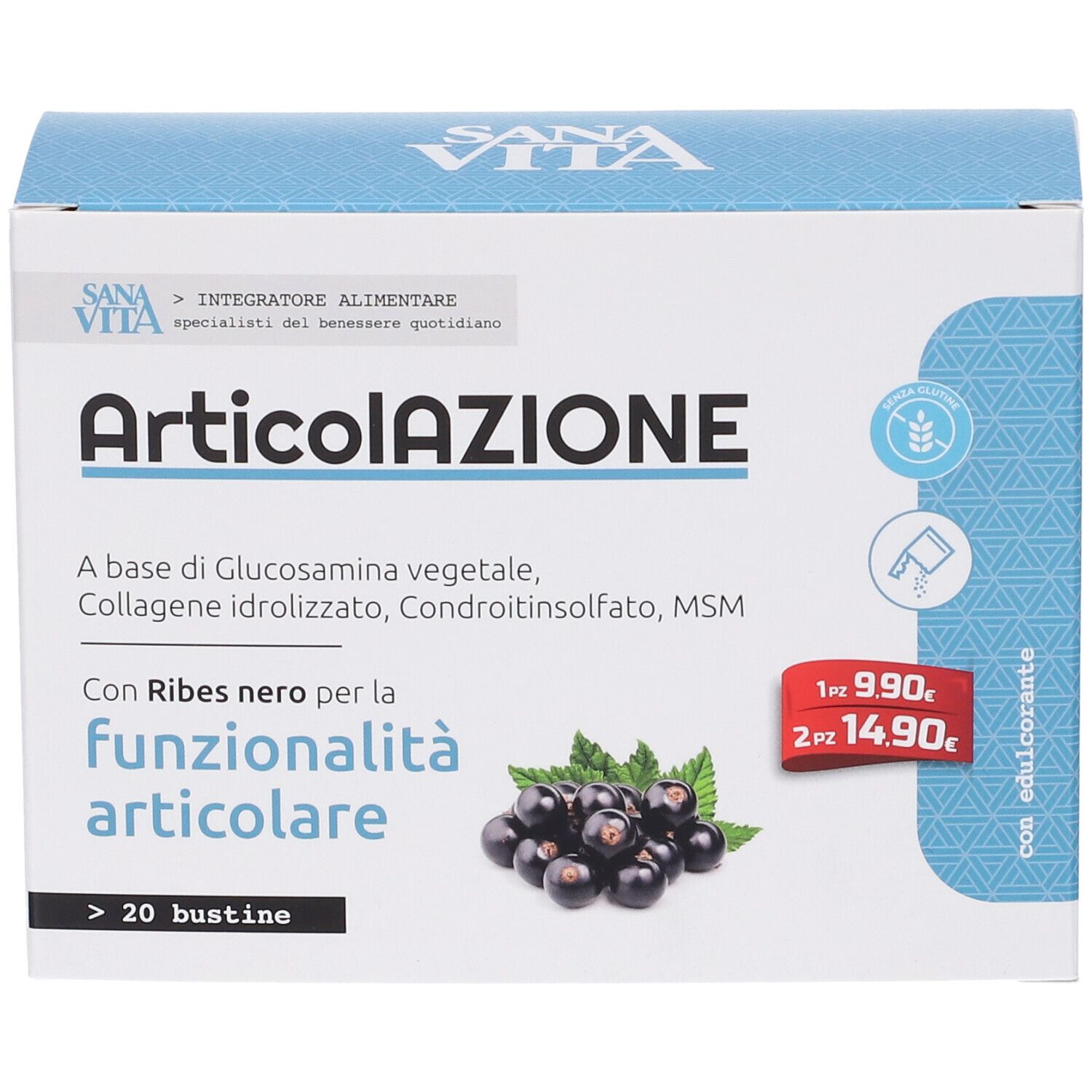 Scatola "Articolazione" con >20 bustine. Immagine di ribes nero. Etichetta prezzo.