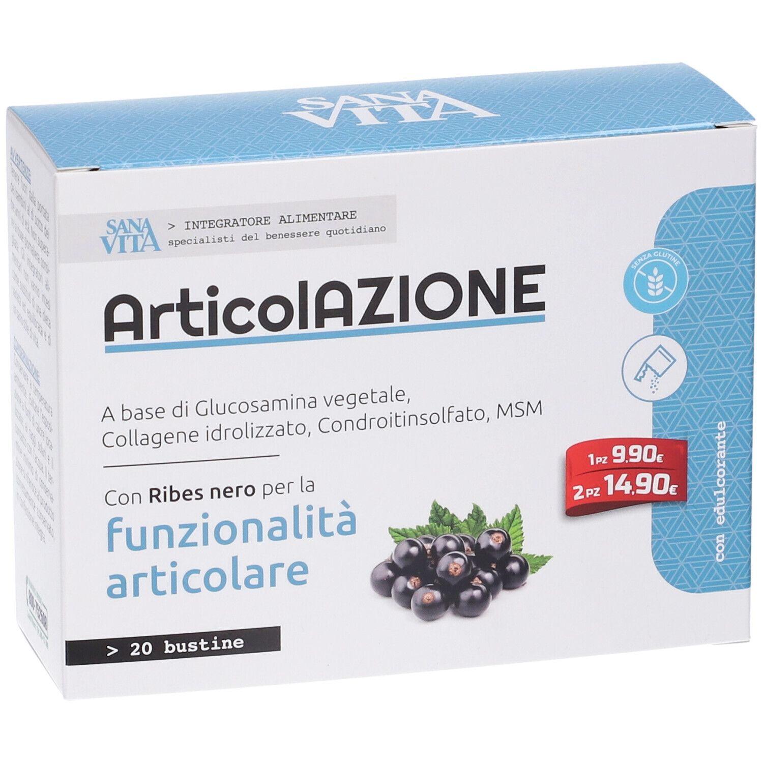 Scatola "Articolazione" con >20 bustine. Immagine di ribes nero. Etichetta prezzo.