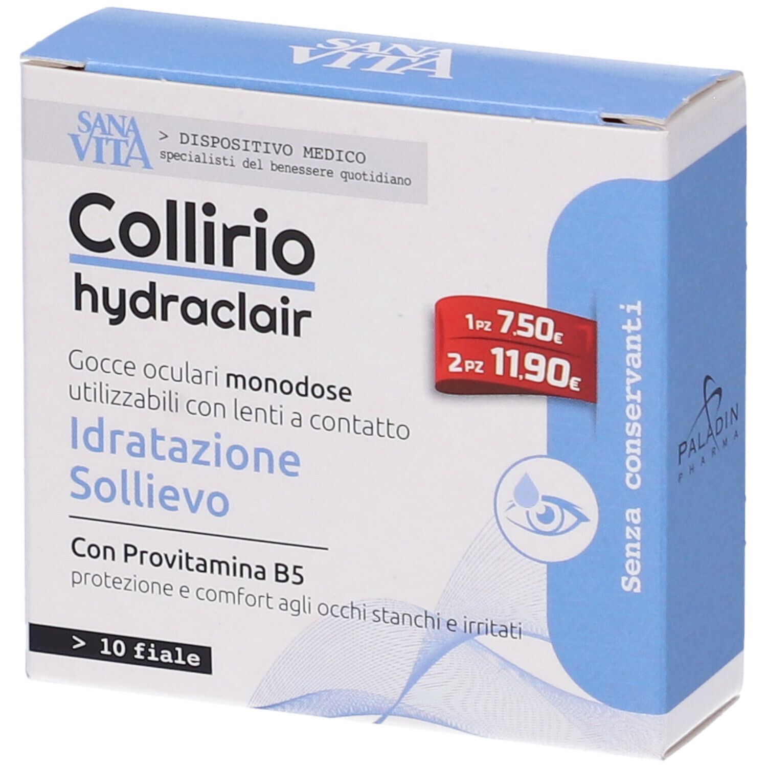 Scatola di Sanavita Collirio hydraclair. Scritta: Gocce oculari monodose, Idratatione Sollievo, Con Provitamina B5. Etichetta prezzo.