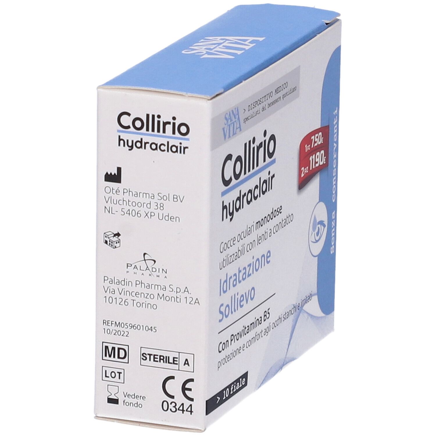 Scatola Sanavita Collirio hydraclair. Scritta: Gocce oculari monodose, Idratatione Sollievo, Con Provitamina B5. Indirizzo produttore.