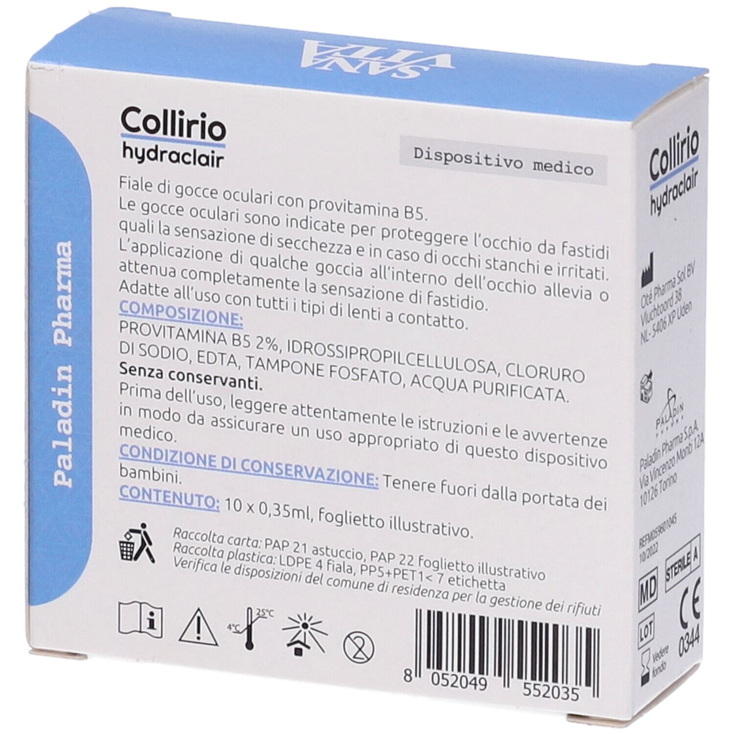 Retro confezione Sanavita Collirio hydraclair. Testo: Gocce oculari con provitamina B5. Ingredienti, istruzioni per l'uso, avvertenze.