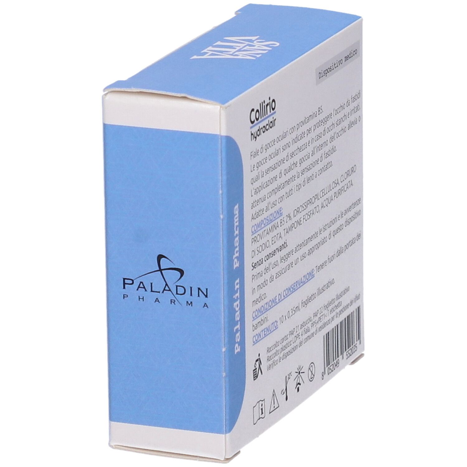 Vista laterale della confezione Sanavita Collirio hydraclair. Testo: Gocce oculari con provitamina B5. Indirizzo produttore, numero di lotto.