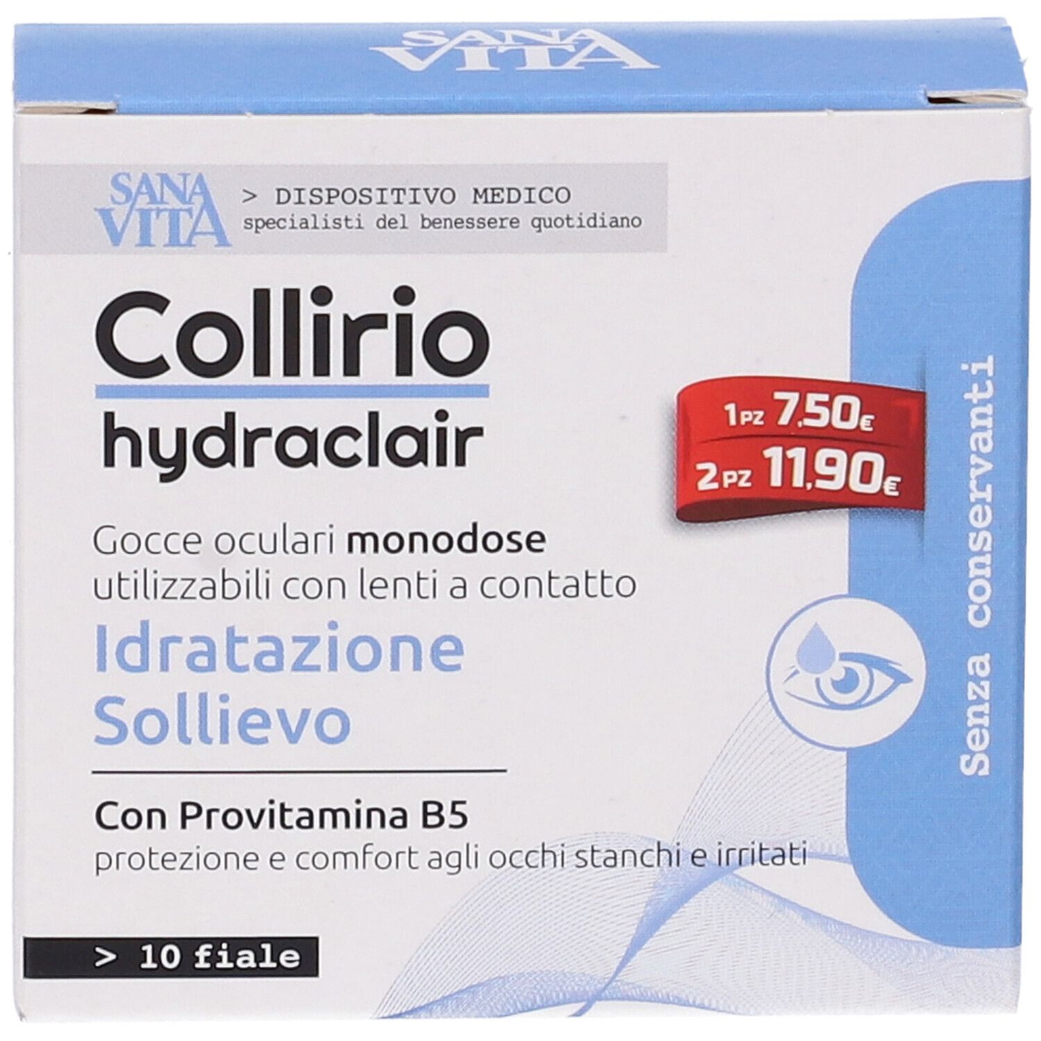 Scatola Sanavita Collirio hydraclair. Scritta: Gocce oculari monodose, Idratatione Sollievo, Con Provitamina B5. Etichetta prezzo.