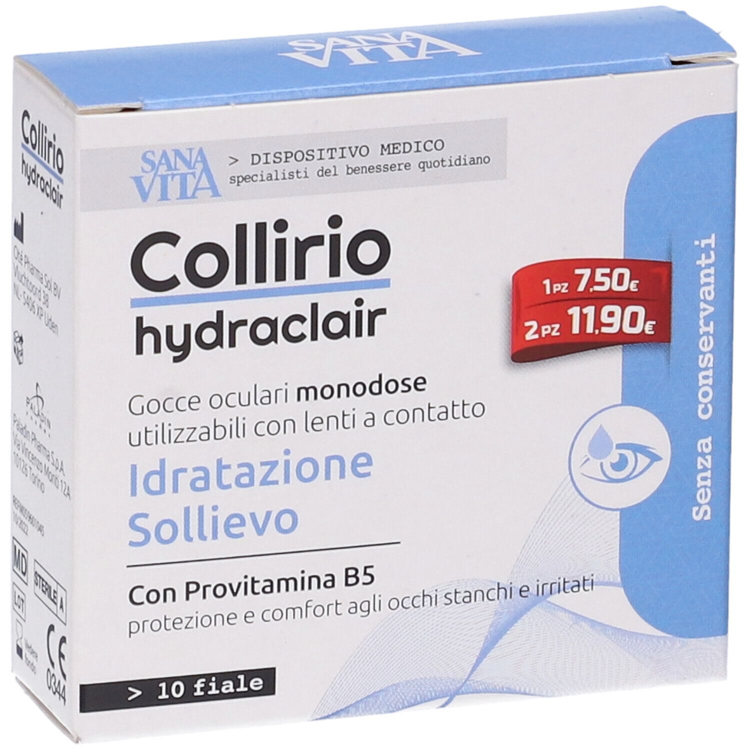 Scatola Sanavita Collirio hydraclair. Scritta: Gocce oculari monodose, Idratatione Sollievo, Con Provitamina B5. Etichetta prezzo.