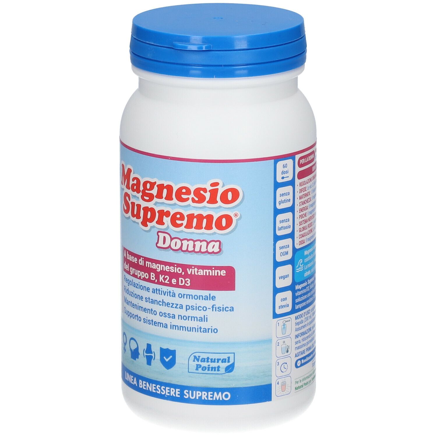 Flacone bianco, tappo blu. Scritta: Magnesio Supremo Donna. Contiene magnesio, vitamine B, K2 e D3.