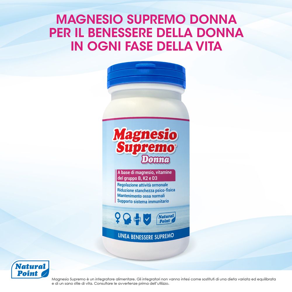 Flacone Magnesio Supremo Donna. Testo: Per il benessere della donna in ogni fase della vita. Contiene magnesio, vitamine B, K2 e D3.