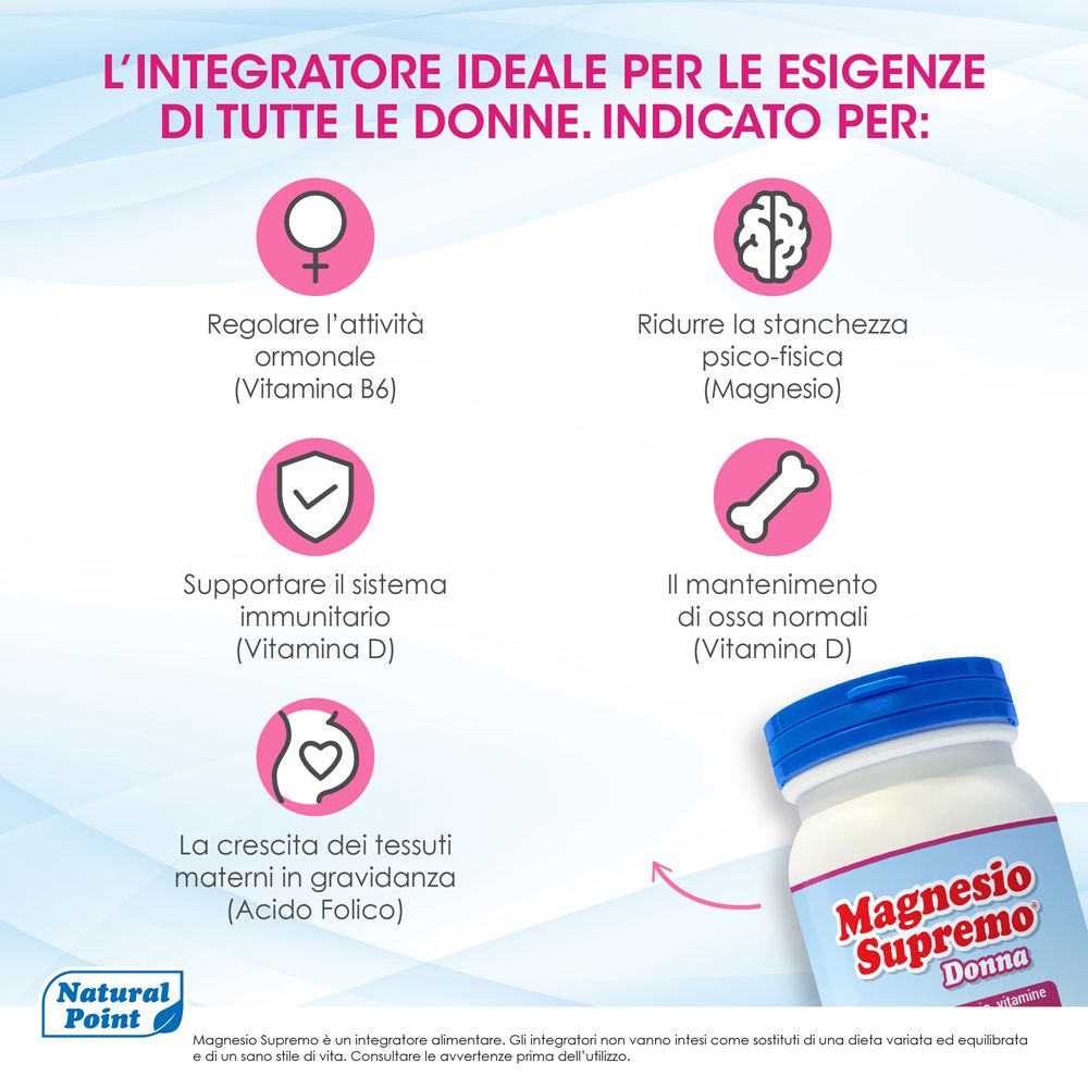 Grafica: Integratore per tutte le donne. Regola l'attività ormonale, riduce la stanchezza, supporta il sistema immunitario.