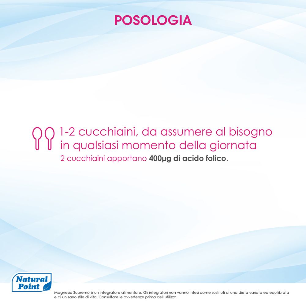 Posologia: 1-2 cucchiaini al bisogno in qualsiasi momento della giornata. 2 cucchiaini apportano 400µg di acido folico.