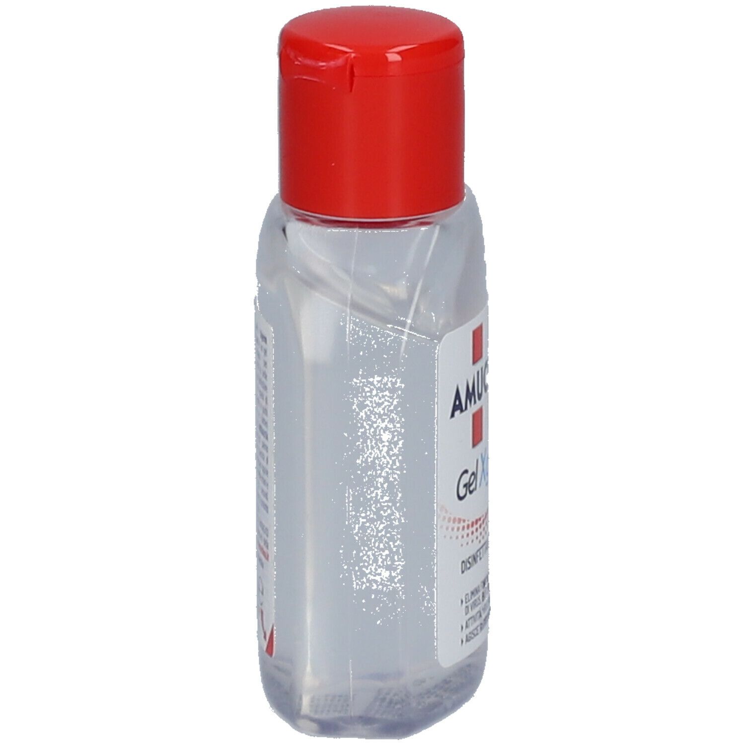 Flacone trasparente con tappo rosso, vista laterale. Scritta: AMUCHINA Gel Xgerm, Disinfettante Mani.