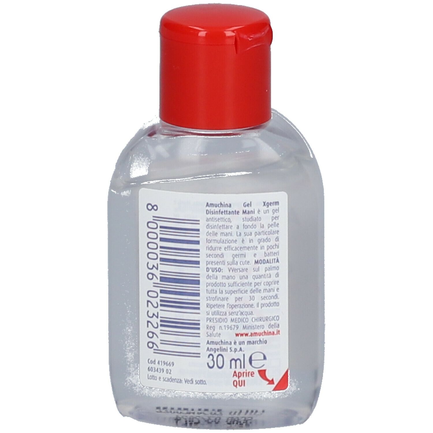 Flacone trasparente con tappo rosso, retro con testo. Scritta: AMUCHINA Gel Xgerm, 30 ml.