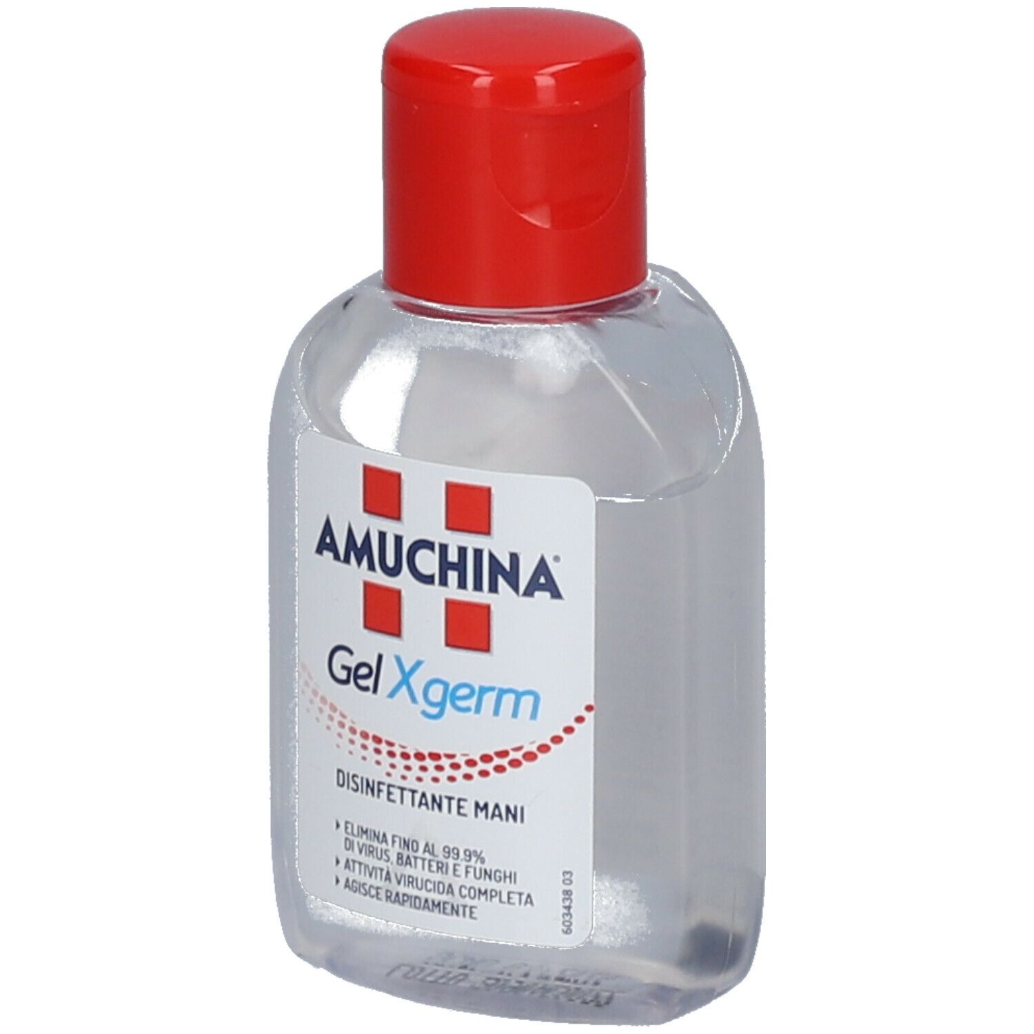 Flacone trasparente con tappo rosso. Scritta: AMUCHINA Gel Xgerm, Disinfettante Mani.