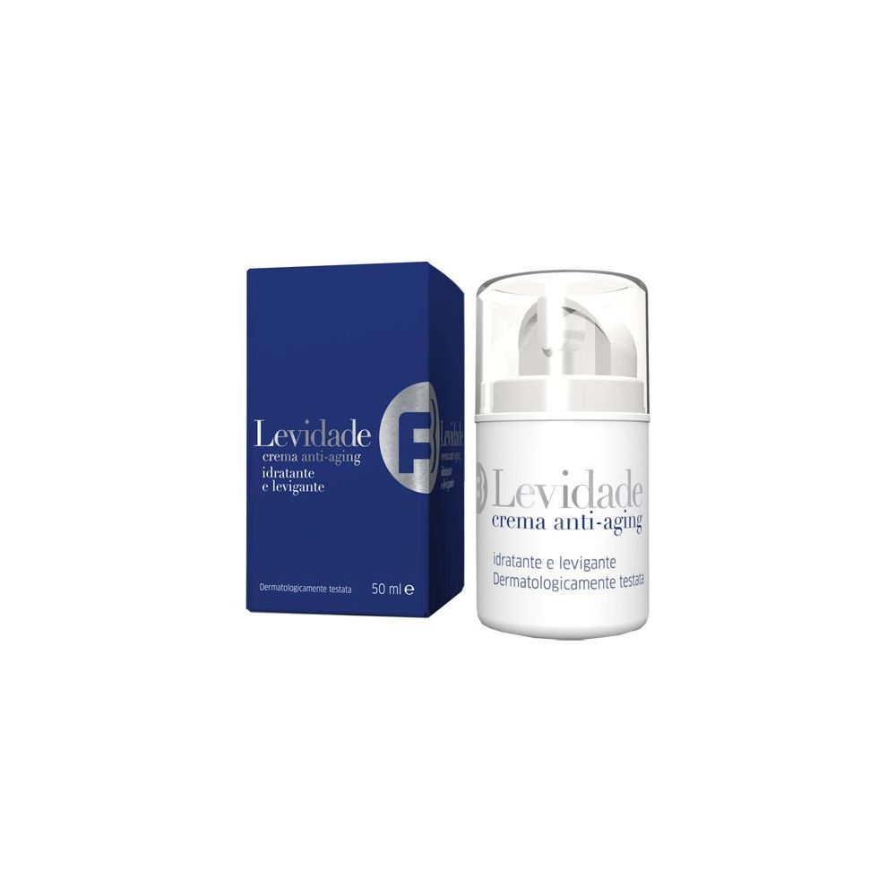 Crema e confezione. Scritta: Levidade crema anti-aging. Idratante e levigante. Dermatologicamente testata.