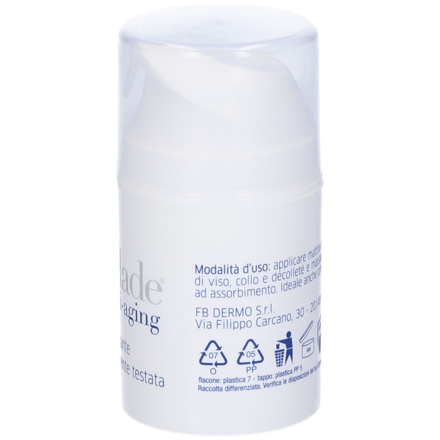 Tubo di crema bianco con coperchio trasparente. Scritta: Levidade crema anti-aging. Idratante e levigante.