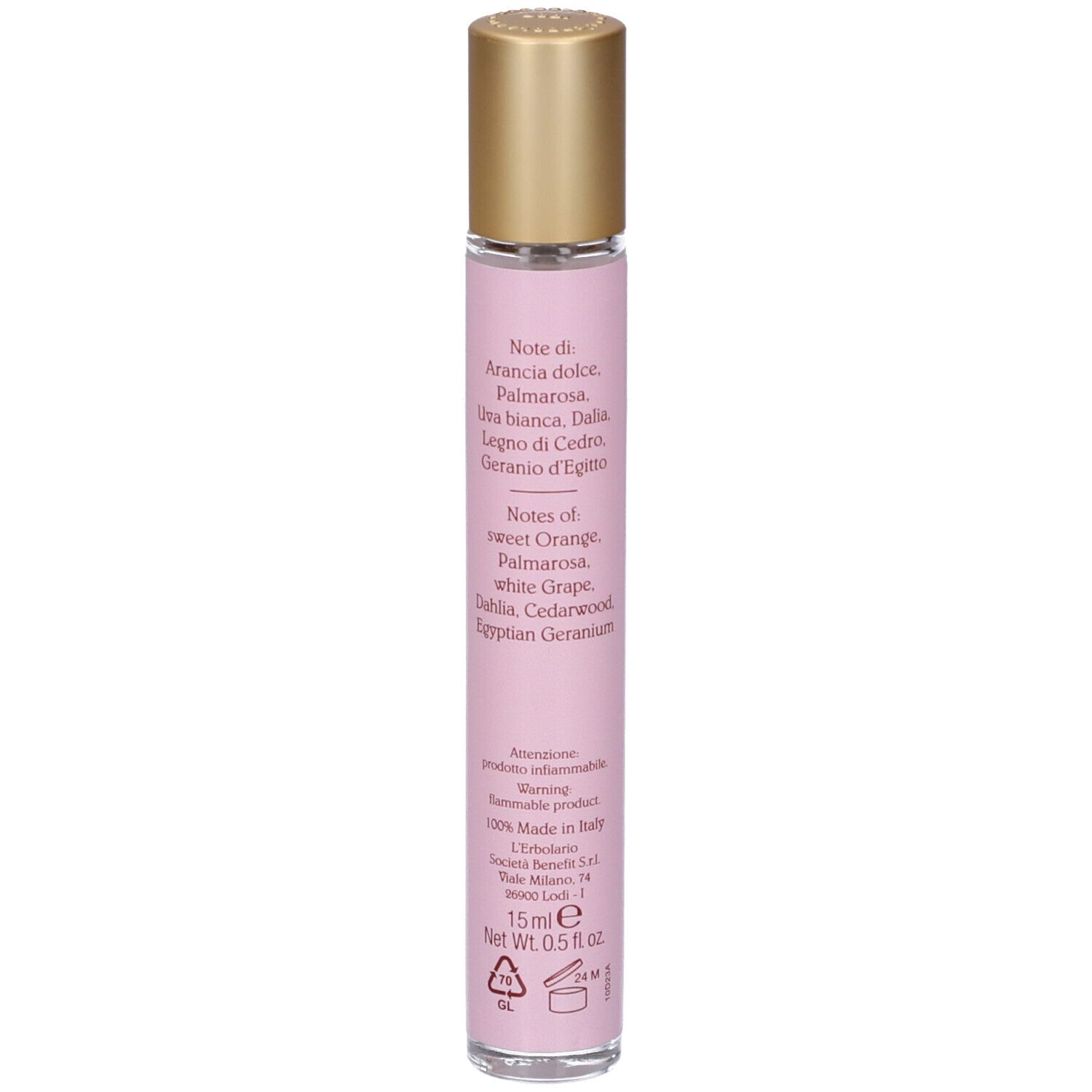 Rosa Rollerball-Parfümflasche mit goldenem Verschluss. Enthält 15 ml. Noten von süßer Orange, Palmarosa, weiße Traube, Dahlie, Zedernholz, ägyptische Geranie.