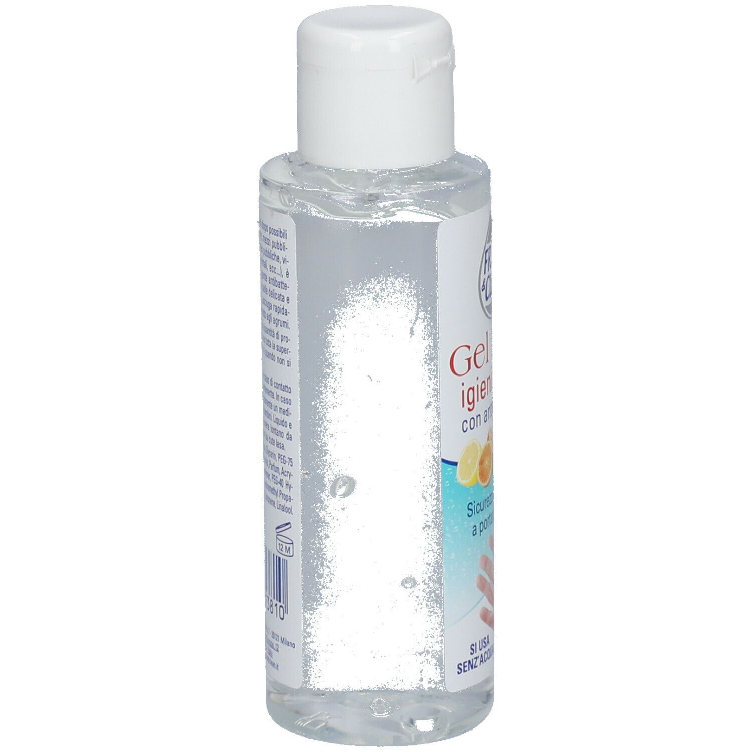 Transparente Flasche mit weißem Deckel. Aufkleber mit Produktinformationen und Text. Rückansicht.