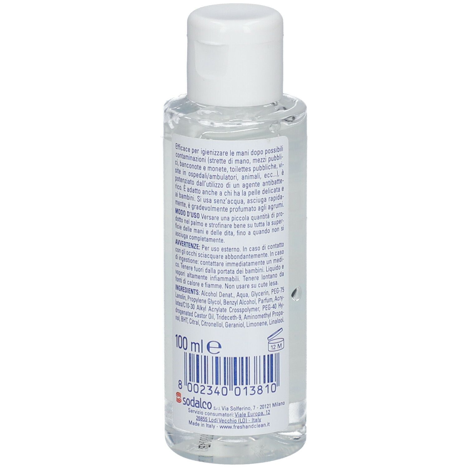 Rückseite einer transparenten Flasche mit weißem Deckel. Etikett mit Produktinformationen und Inhaltsstoffen.