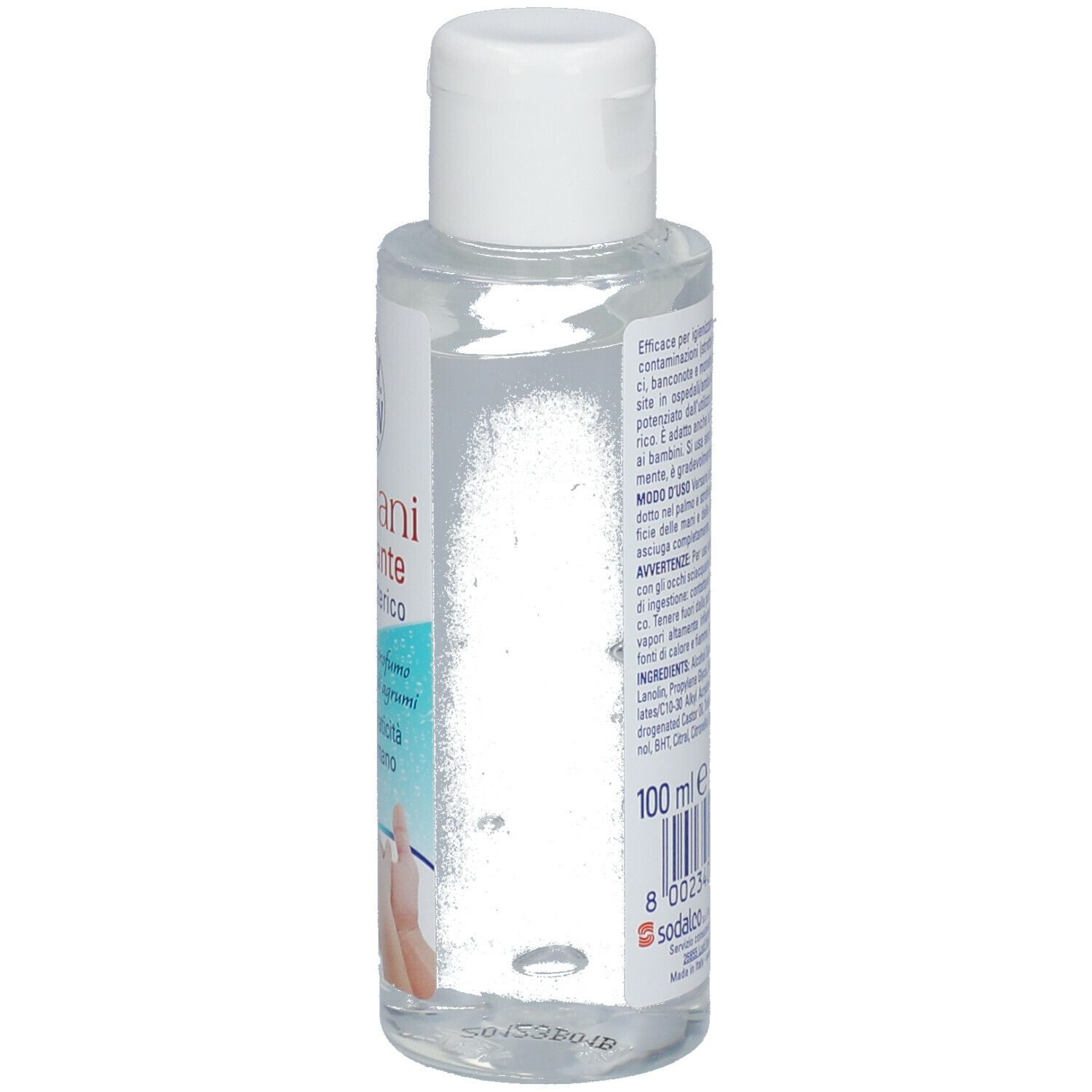 Transparente Flasche mit weißem Deckel. Aufkleber mit Produktinformationen und Text. Rückansicht.