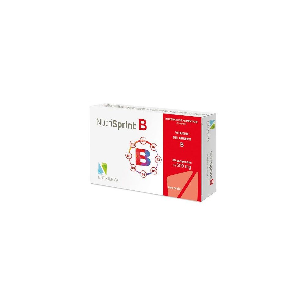 Scatola Nutrisprint B. Confezione rossa e bianca. Contiene 30 compresse. Vitamine del gruppo B.