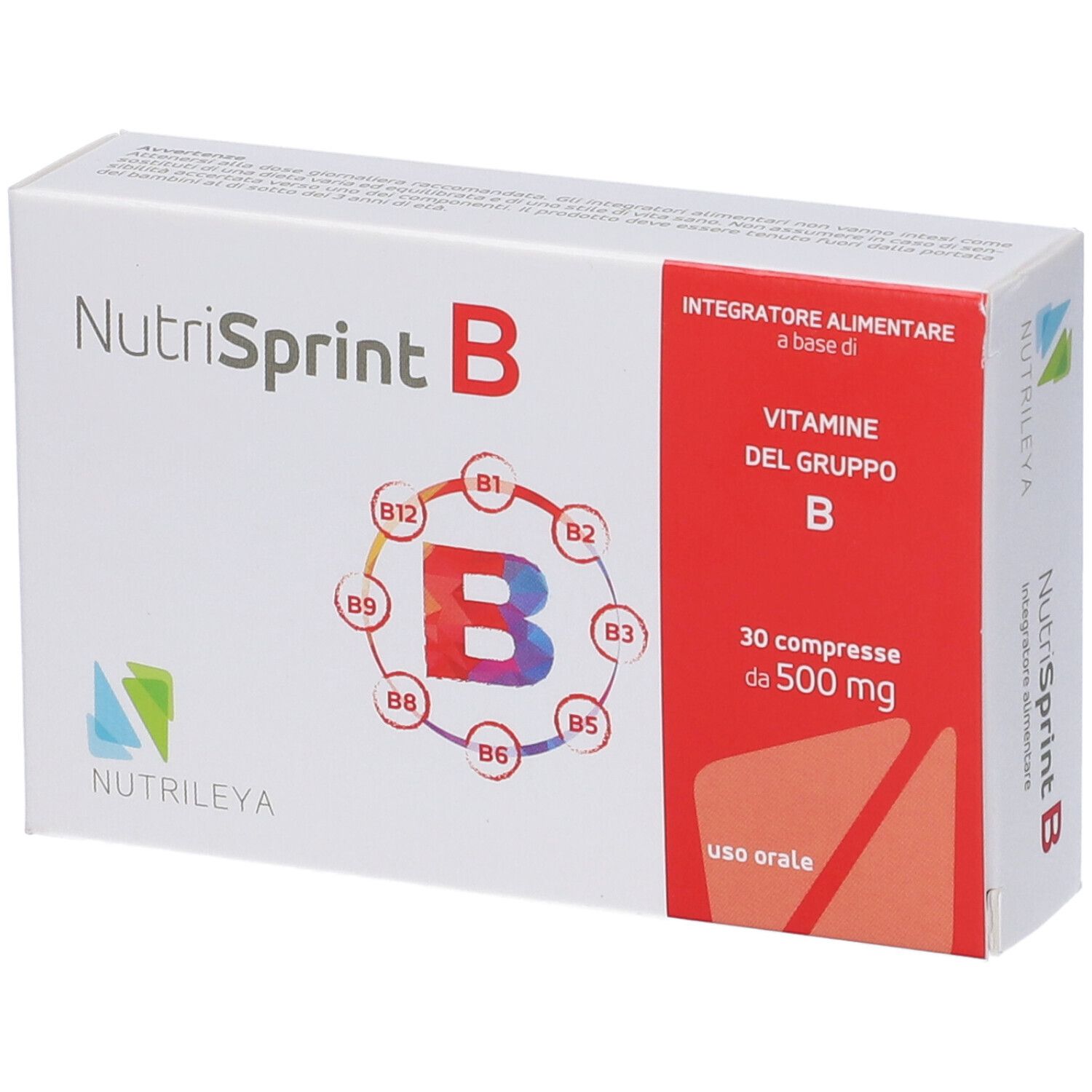 Scatola Nutrisprint B. Contiene 30 compresse. Vitamine del gruppo B. Confezione rossa e bianca. Marchio Nutrileyva.