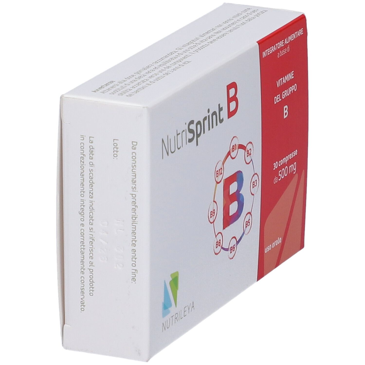 Scatola Nutrisprint B. Contiene 30 compresse. Vitamine del gruppo B. Confezione rossa e bianca. Marchio Nutrileyva.