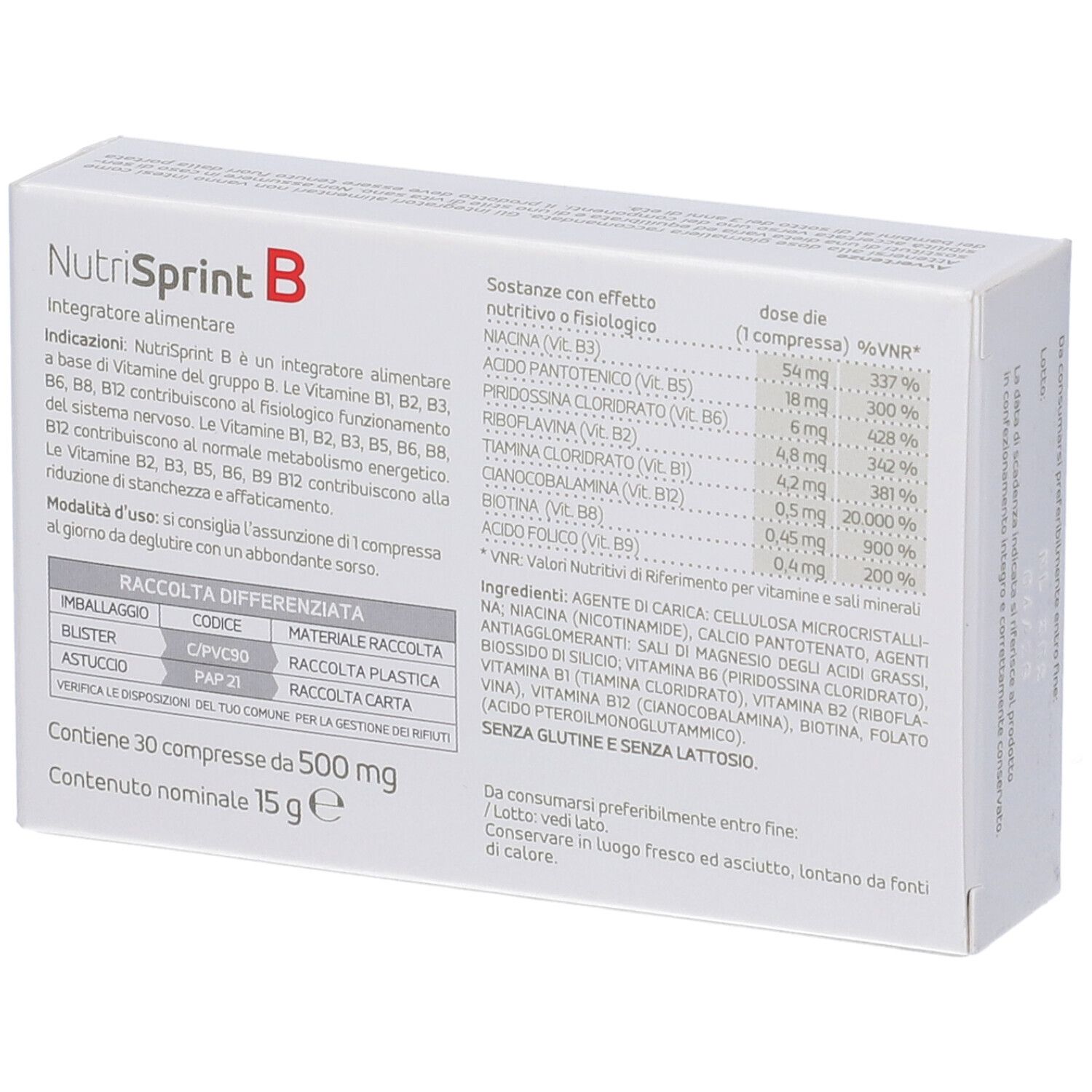 Retro della scatola Nutrisprint B. Informazioni sugli ingredienti e valori nutrizionali. 30 compresse.