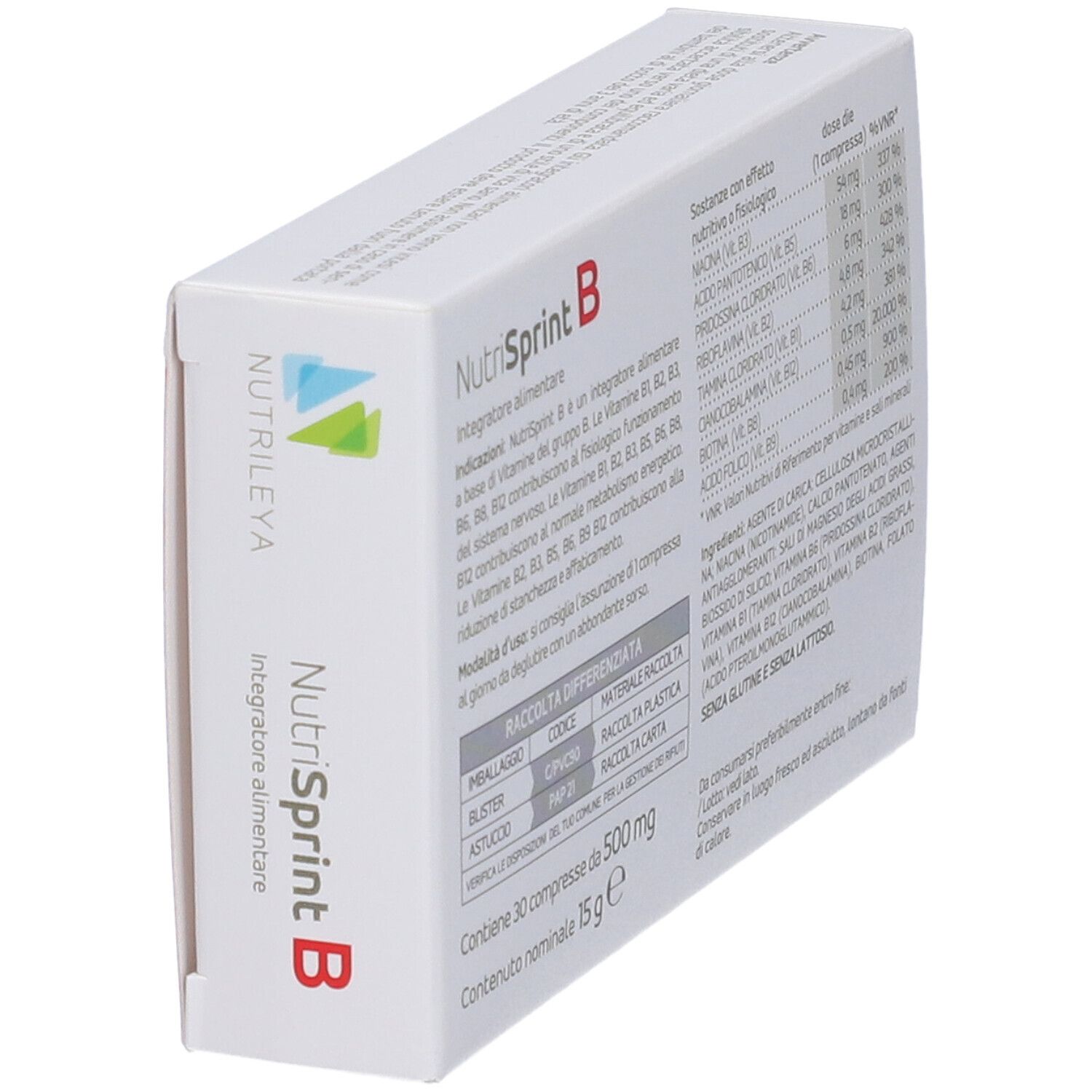 Retro della scatola Nutrisprint B. Informazioni sugli ingredienti e valori nutrizionali. 30 compresse.