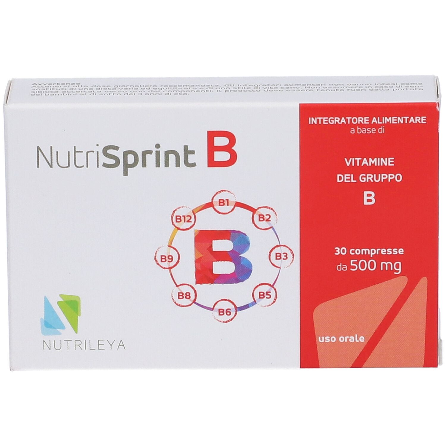 Scatola Nutrisprint B. Contiene 30 compresse. Vitamine del gruppo B. Confezione rossa e bianca. Marchio Nutrileyva.